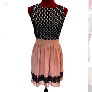 Enfocus petite 6P Fit & Flare Black Lace Top Pleated pink Dress